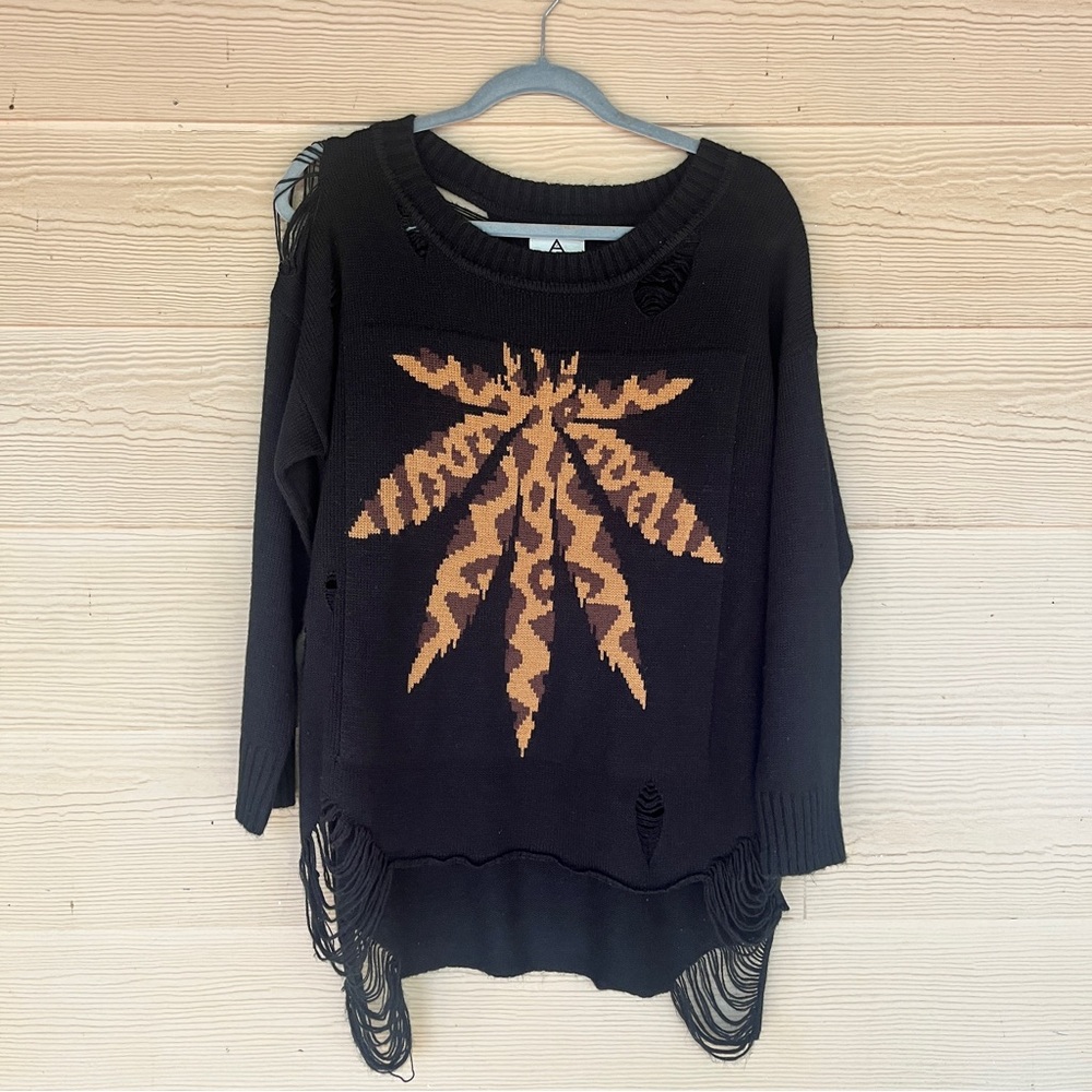 420 Sweater Cannabis Leaf Medium Mary Jane Leopard Pullover Distressed Jumper
